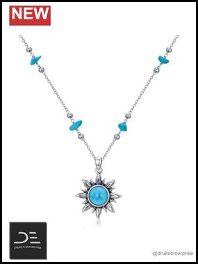 Genuine Turquoise Sun Necklace 925 Sterling Silver Natural Stones Pendant Women